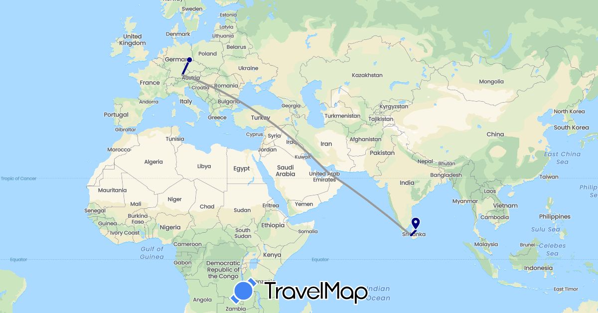 TravelMap itinerary: driving, plane in United Arab Emirates, Germany, Sri Lanka (Asia, Europe)